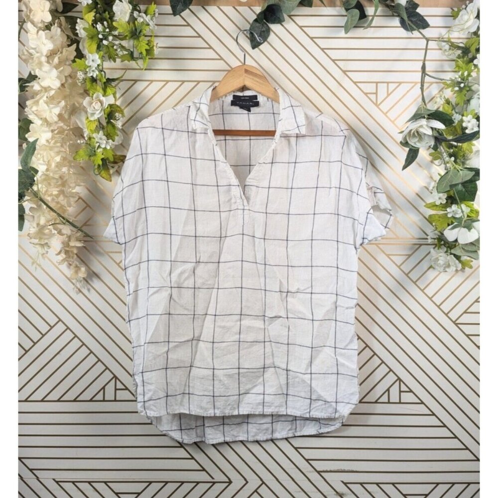 TAHARI Women's Grid Cream & Black Linen Short Sleeve Hi Low Hem Tunic Top Size S